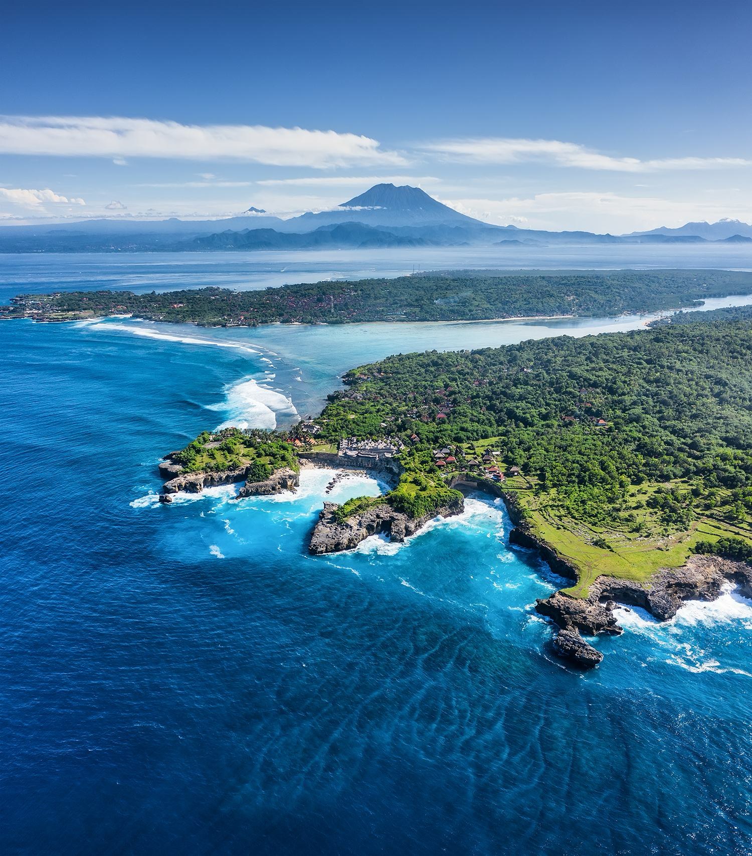 Nusa Lembongan and Ceningan with Mount Agung on the horizon